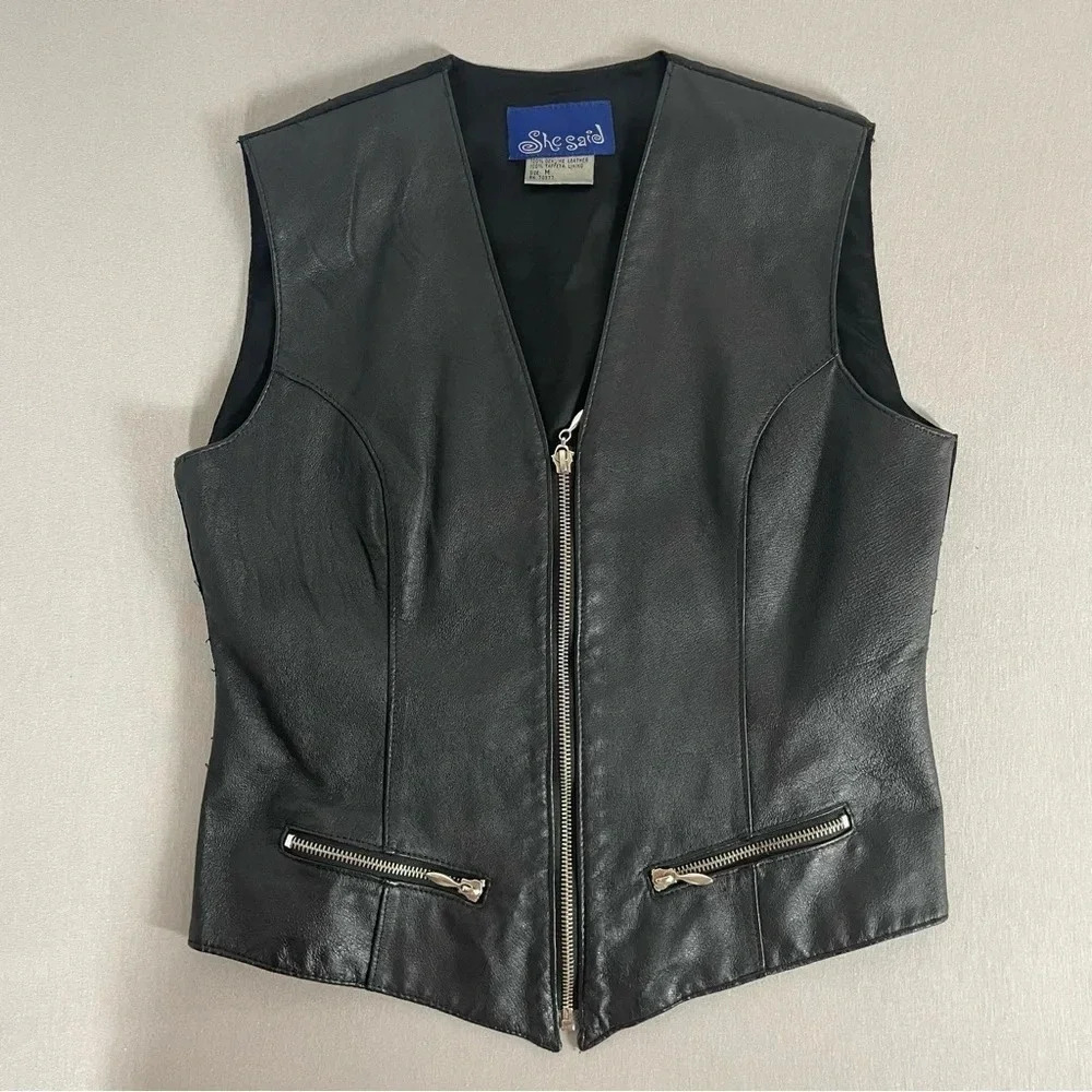 VTG She Said Biker/Rocker Streetwear Grunge Punk Genuine Leather Full Zip Vest